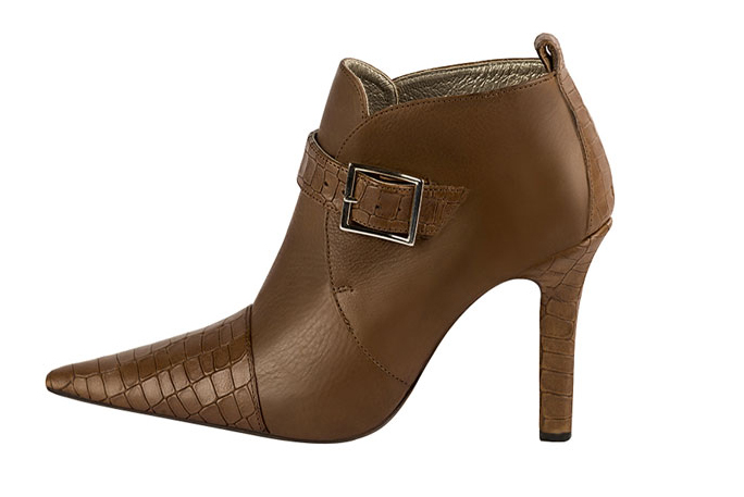 Caramel brown women's ankle boots with buckles at the front. Pointed toe. Very high slim heel. Profile view - Florence KOOIJMAN